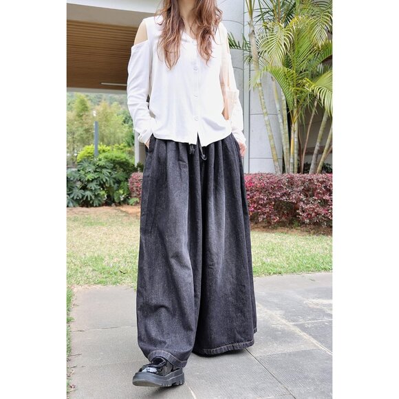 Women Extra Wide Leg Denim Pants Cotton Casual Loose Elastic Waist Pockets - Picture 3 of 6